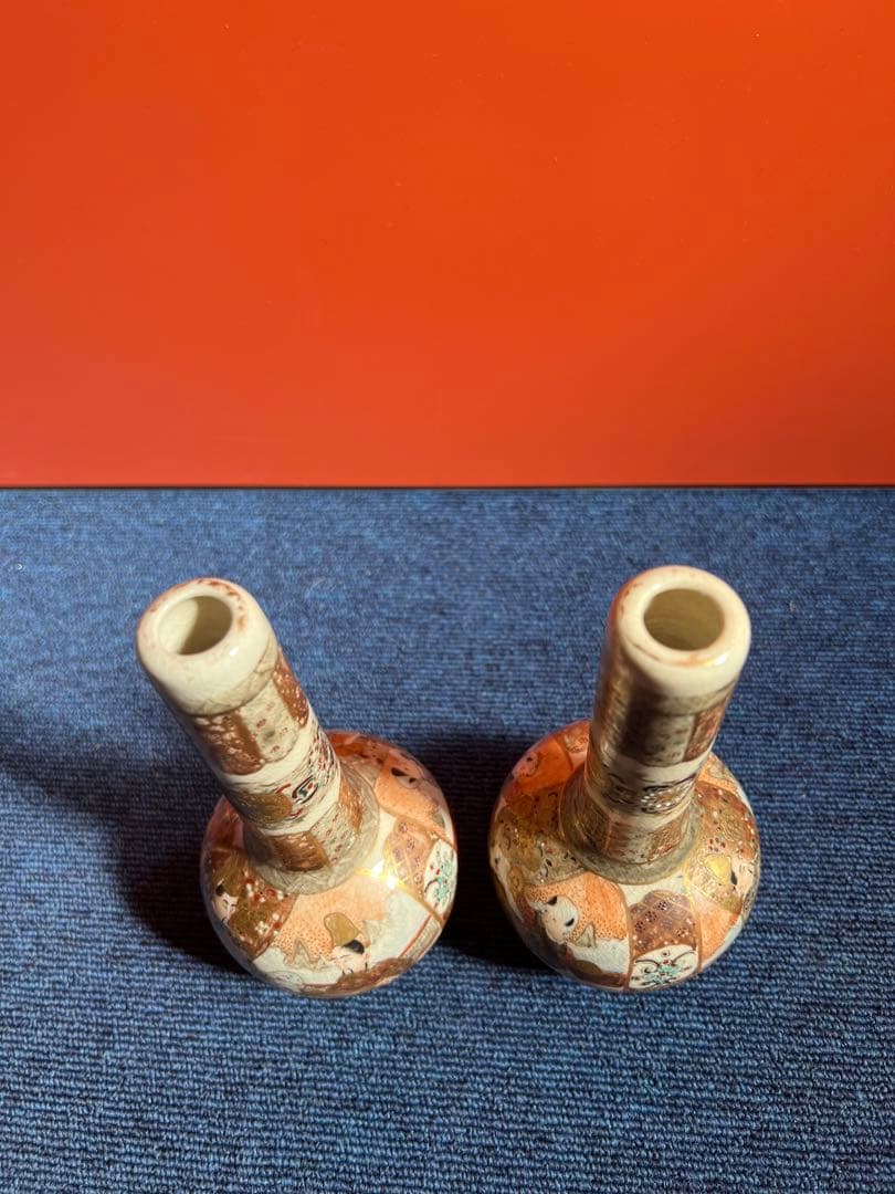 804 オールド薩摩　金彩色絵　花瓶　一対　時代物