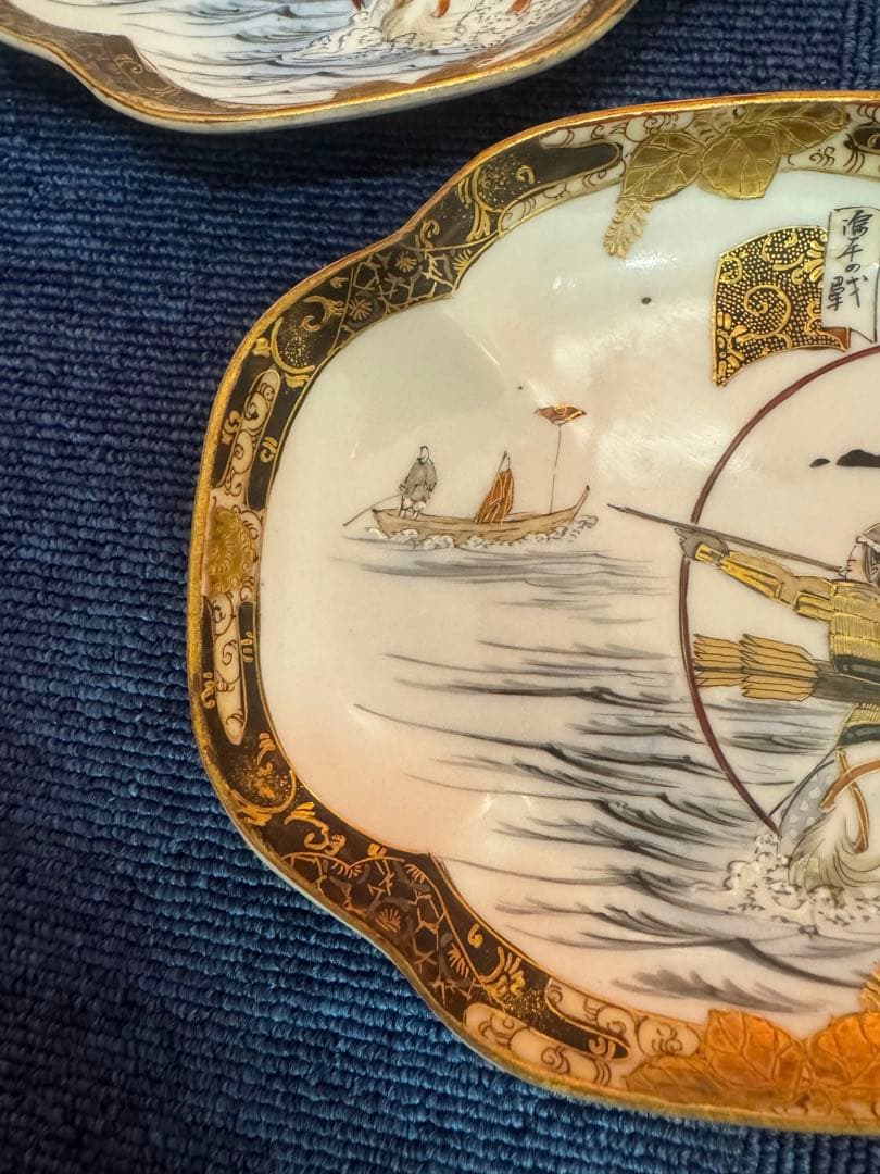 1819 明治時代九谷焼細密絵付人物山水図菱形皿5客時代物