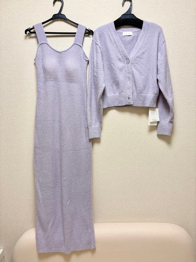ラベンダー ノースリーブニットワンピース カーディガン付き