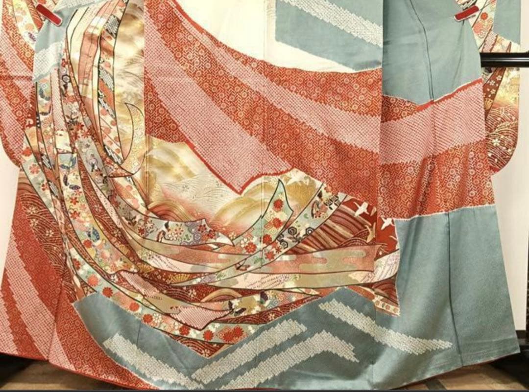 振袖 フルセット6点サイズM〜L絞り 熨斗吉祥花鳥蝶文 金銀