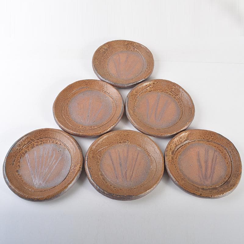 和食器　備前焼　稲荷作　たたき　丸皿　六客　共箱　M　R7178