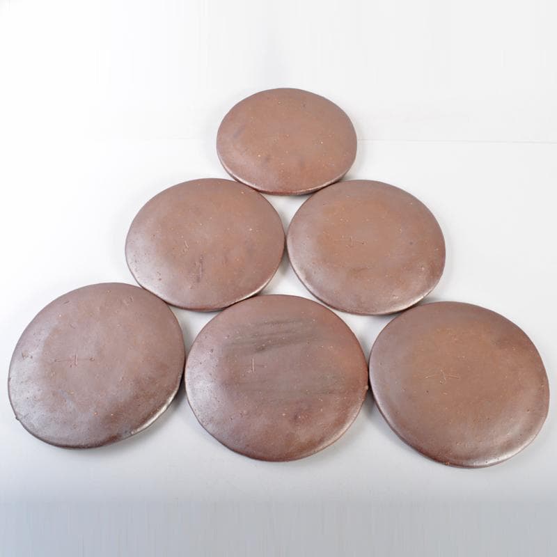 和食器　備前焼　稲荷作　たたき　丸皿　六客　共箱　M　R7178