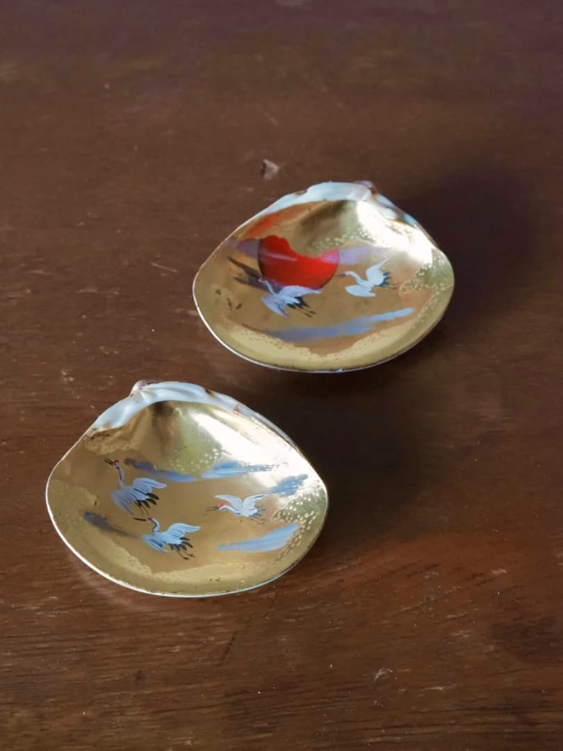 加陽 一瓢斎 源氏貝合せ 鶴色絵 蛤香合 茶道具 香道具 箱付 Q2257