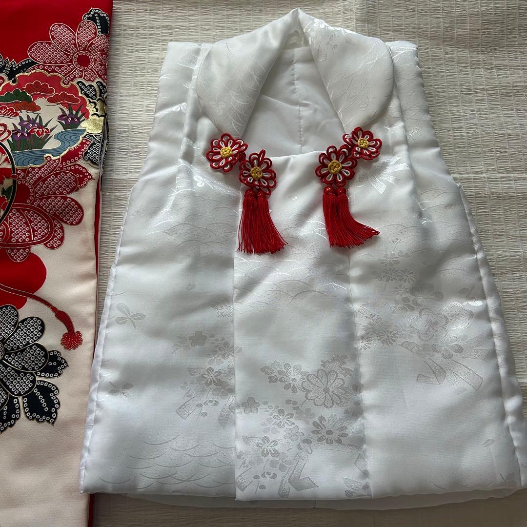 七五三 3歳 着物 753 絹 絞り柄 被布 三歳 赤 草履 金彩 女の子着物