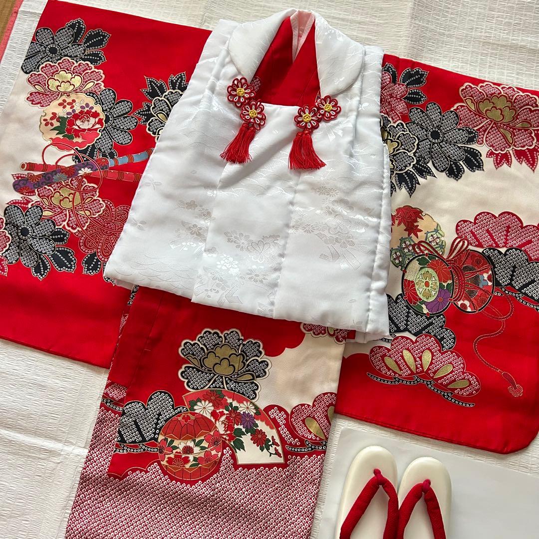 七五三 3歳 着物 753 絹 絞り柄 被布 三歳 赤 草履 金彩 女の子着物