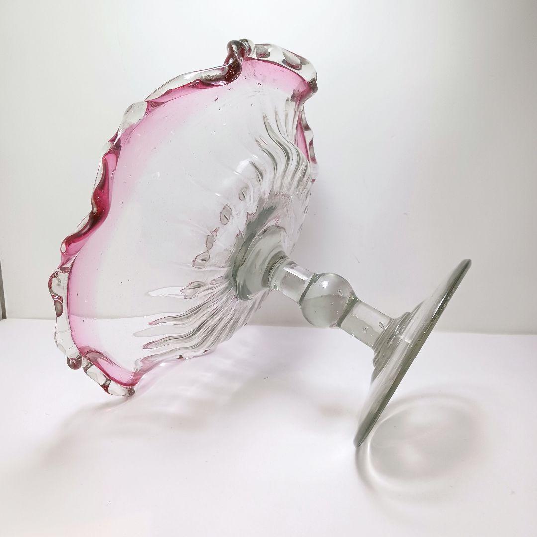 Y2680-1 時代レトロ 赤縁ガラス 大型コンポート 皿 サイン入り #6｜Y2680-1