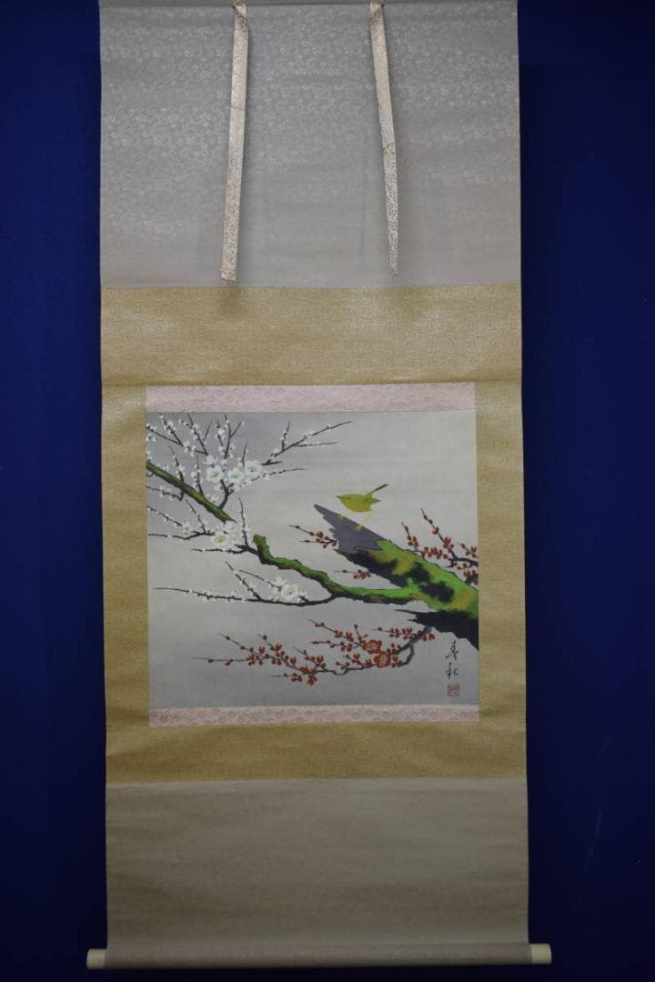 真作/春秋/紅白梅鴬図/鶯/花鳥図/布袋屋掛軸HJ-963