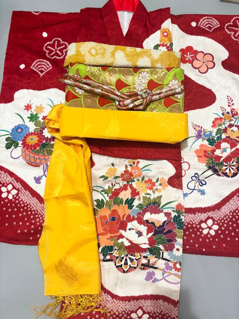 七五三　7歳　正絹　絞り　着物　フルセット　赤