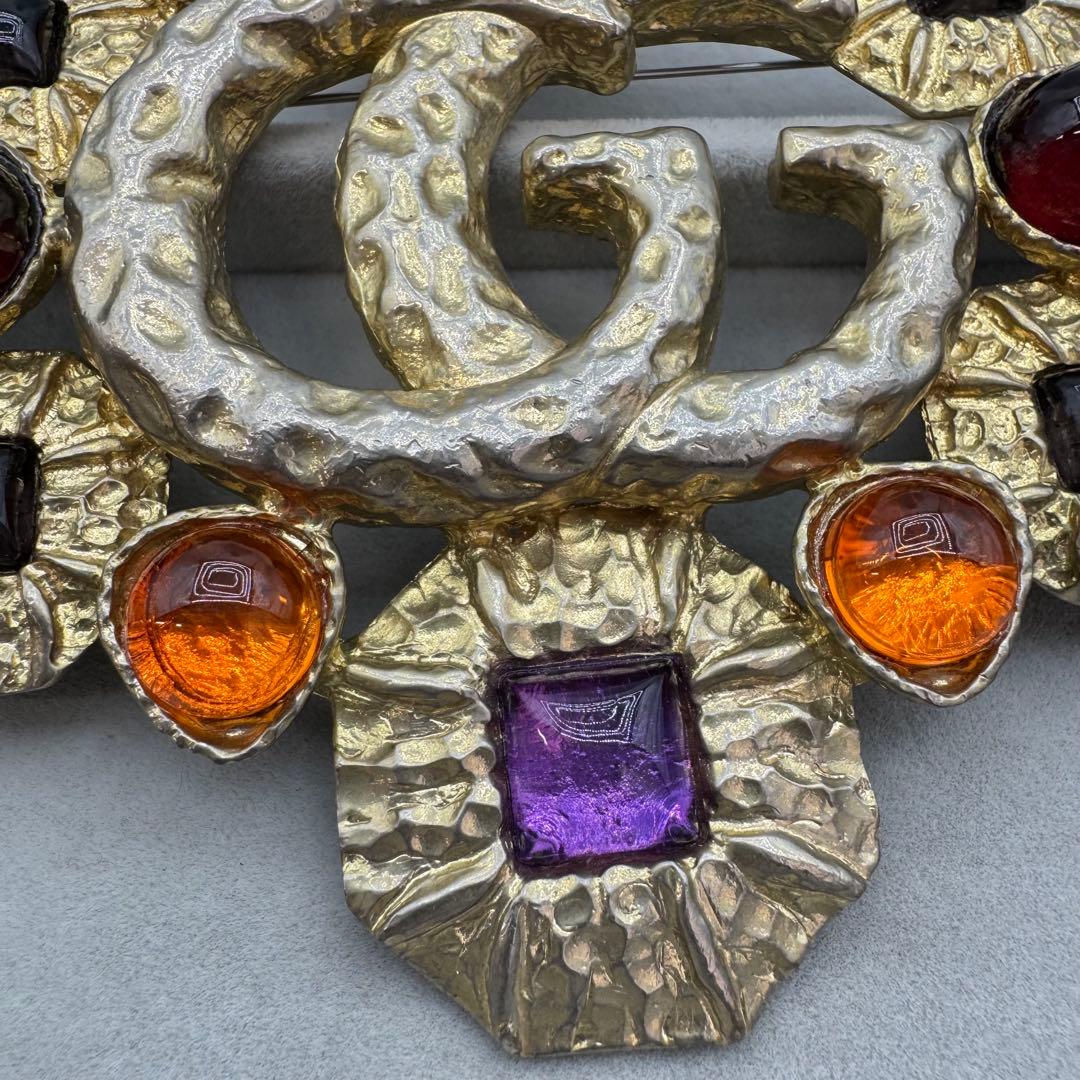 ヴィンテージ】GUCCI ブローチ カラーストーン GG ゴールド 大きめ