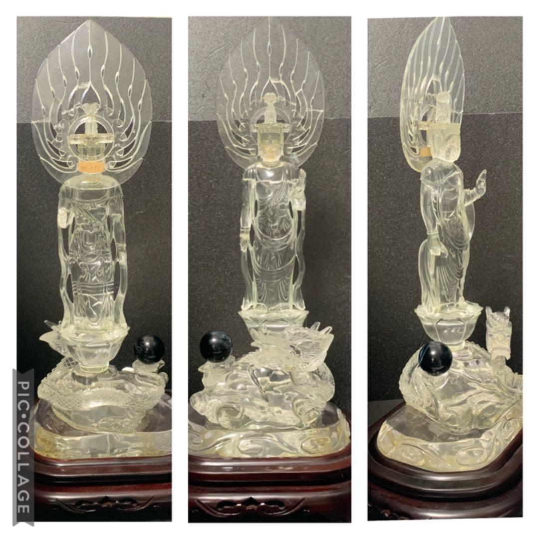 天然水晶 クリスタル 観音菩薩像 龍頭観音 台座付 クオーツ 仏教美術