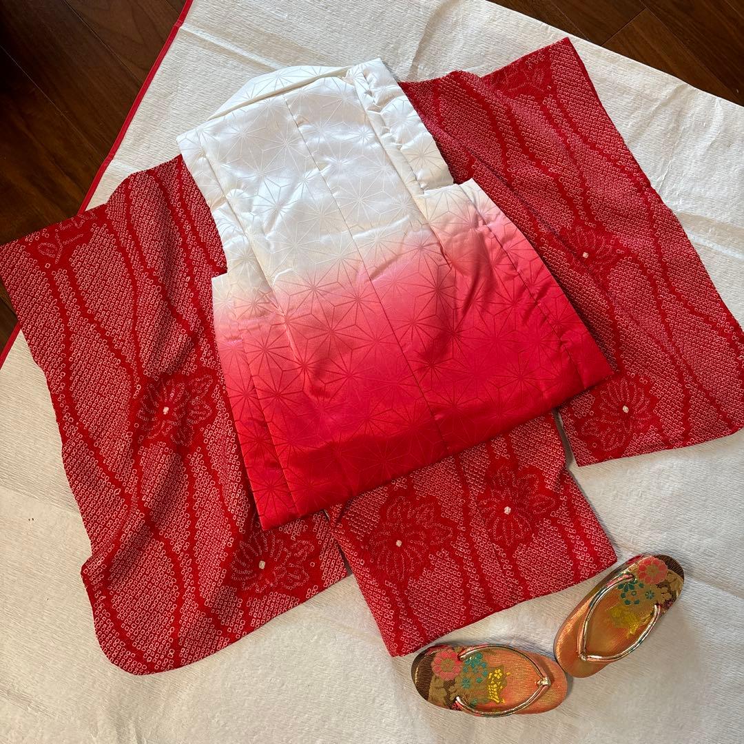 七五三　三歳　正絹総絞り着物 被布、草履セット