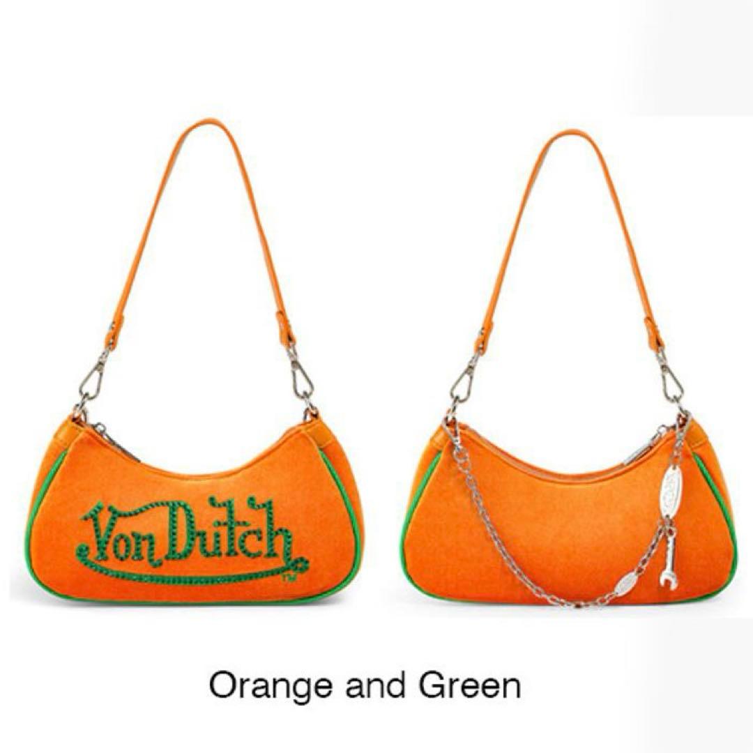 【新品未使用タグ付き】Von Dutch ベロア ロゴショルダーバッグ オレンジ