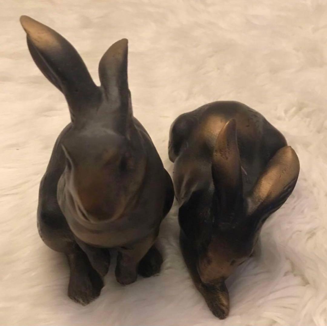 【 超希少 】青銅兎置物 一対 有名作家 作 ? ・兎 うさぎ ブロンズ 像
