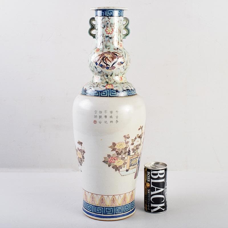 中国　大清光緒年製款　粉彩　漢詩仕女文　双耳瓶　時代箱付　M　R9316B