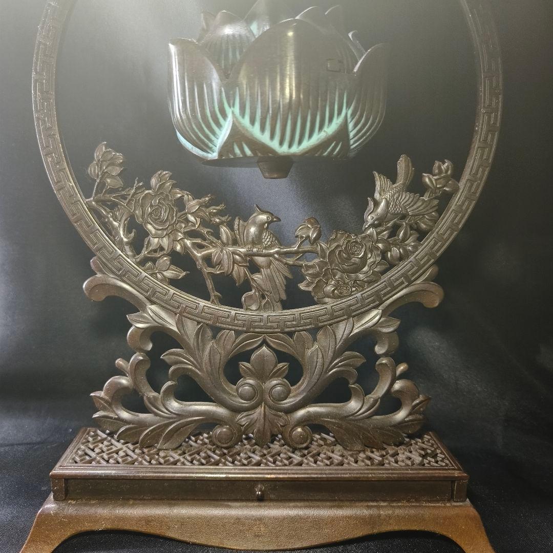 香道具 吊香炉 蓮炉花鳥文 高岡銅器 引出し付 骨董 旧家蔵出し美