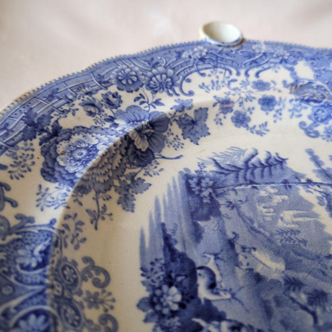 イギリスアンティーク 保温プレート ブルー＆ホワイト 19世紀