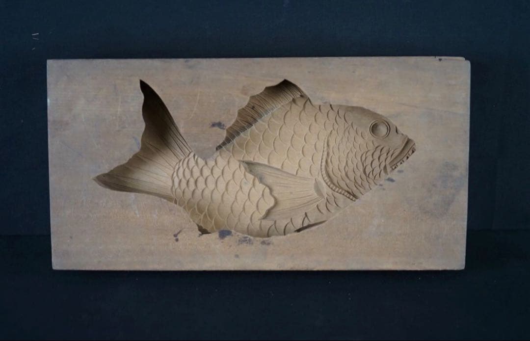 菓子型 特大型の鯛 タイ 35.9×16cm 和菓子 古道具 アンティーク 木彫