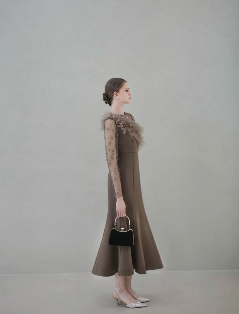 LEJAフラワーモチーフアシンメトリーチュールマーメイドワンピースドレス