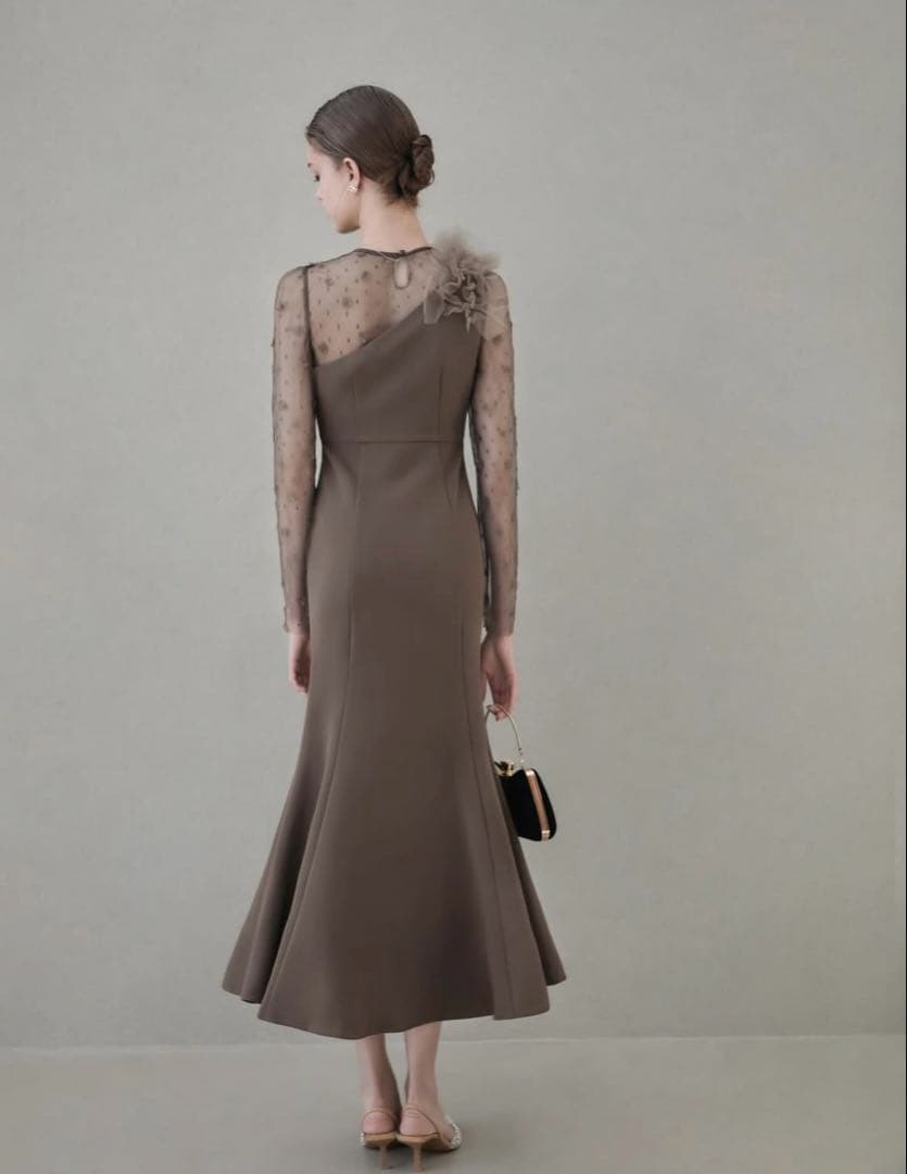 LEJAフラワーモチーフアシンメトリーチュールマーメイドワンピースドレス