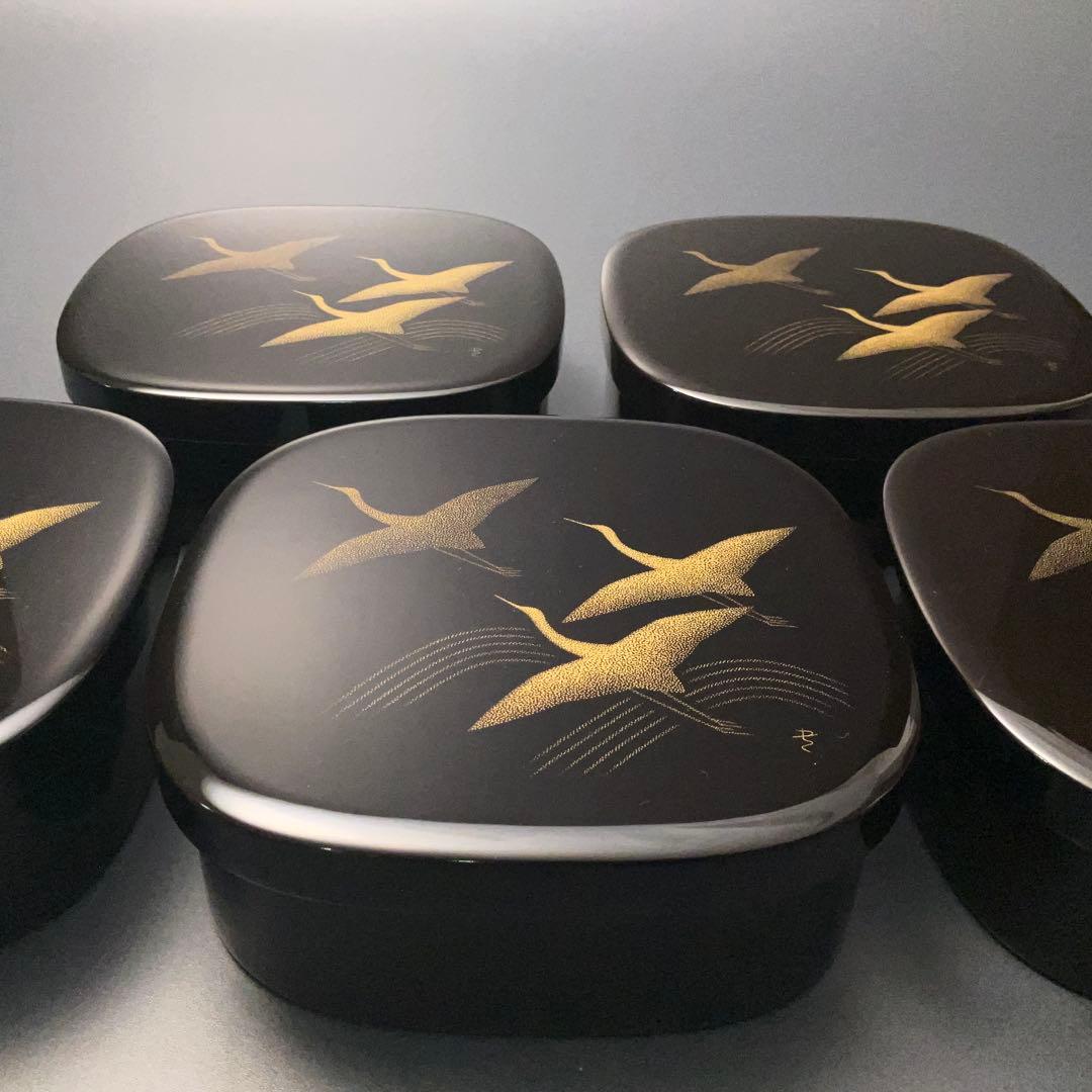 輪島漆塗千羽鶴沈金弁当箱5組三谷吾一共箱仕切り付きR1325