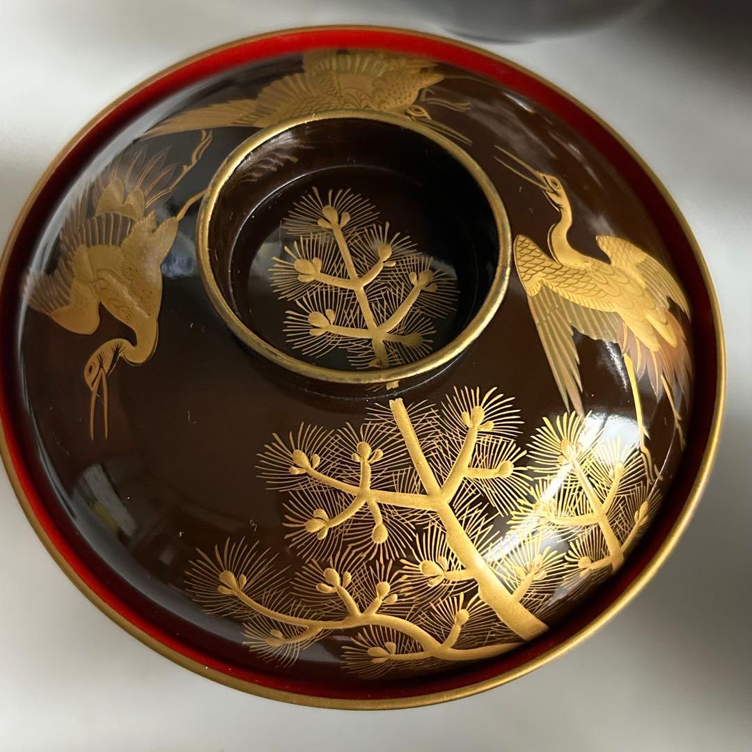 輪島塗　天然木製　松鶴模様 金蒔絵　蓋付き椀 吸物椀　10個セット