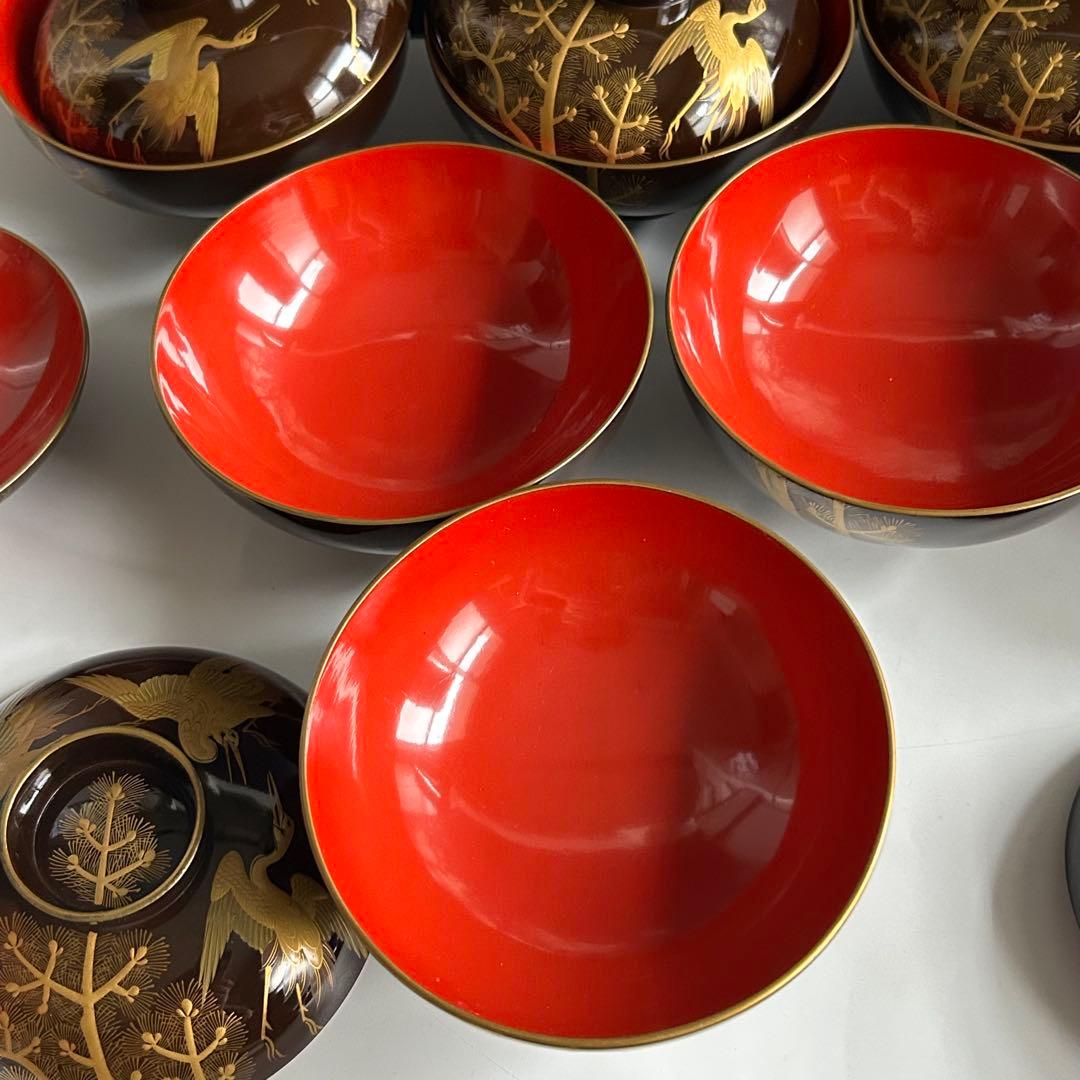 輪島塗　天然木製　松鶴模様 金蒔絵　蓋付き椀 吸物椀　10個セット