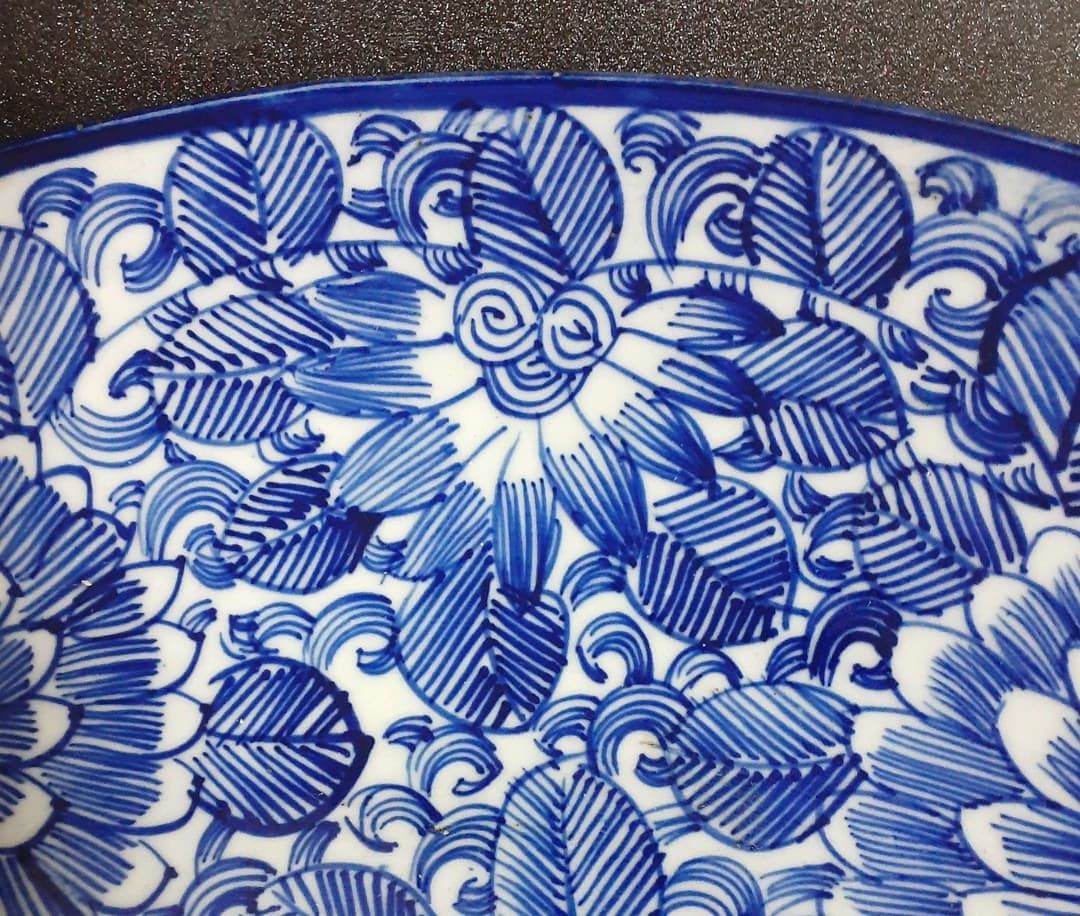 骨董品 古伊万里 40.5cm染付大皿 ベロ藍 山水画 花鳥文 江戸後期 -