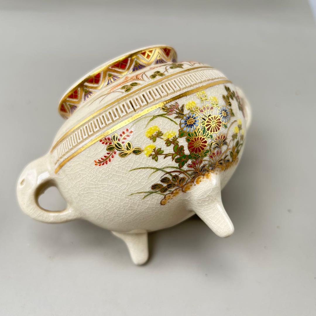 白薩摩 象耳香炉 色絵付け】骨董 アンティーク インテリア