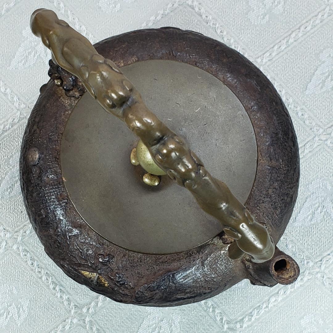 ◇『亀文堂 胴横銘 正平造 月下楼閣山水図 鉄瓶』波多野正平◇検）龍文