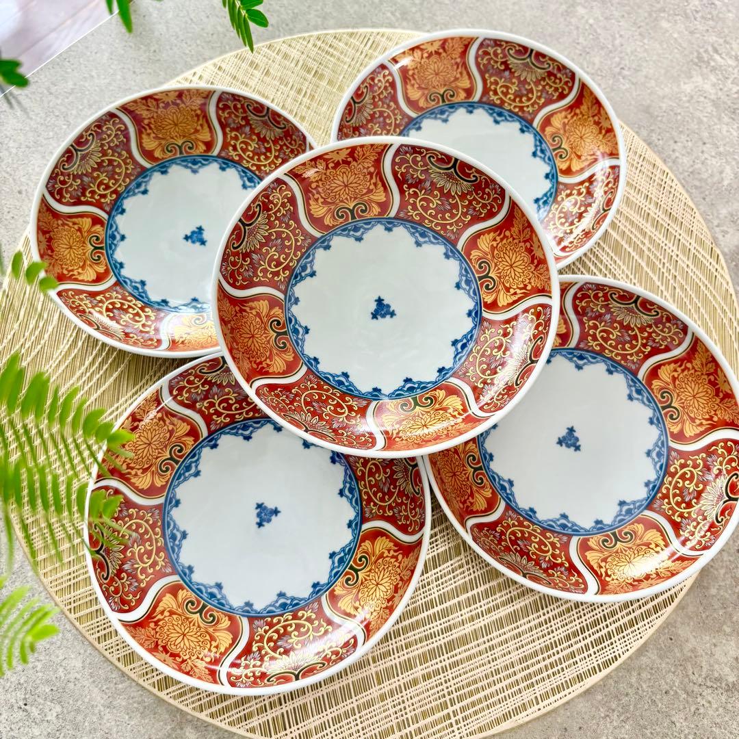 献上古伊万里 取り皿 5枚 赤 金彩 曼荼羅 丸 中皿 深皿 なます皿