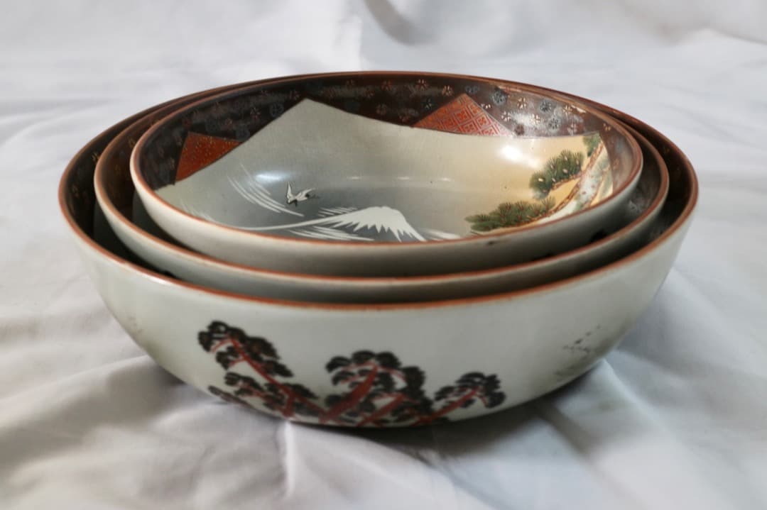 古九谷 九谷焼 三ツ鉢 三ツ丼 三重鉢 重ね鉢 深鉢 鶴松