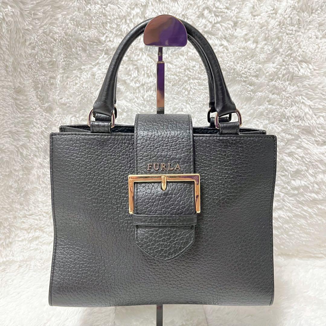 ス*ー様 【未使用級】FURLA フルラ ハンドバッグ 黒 レザー ベルト