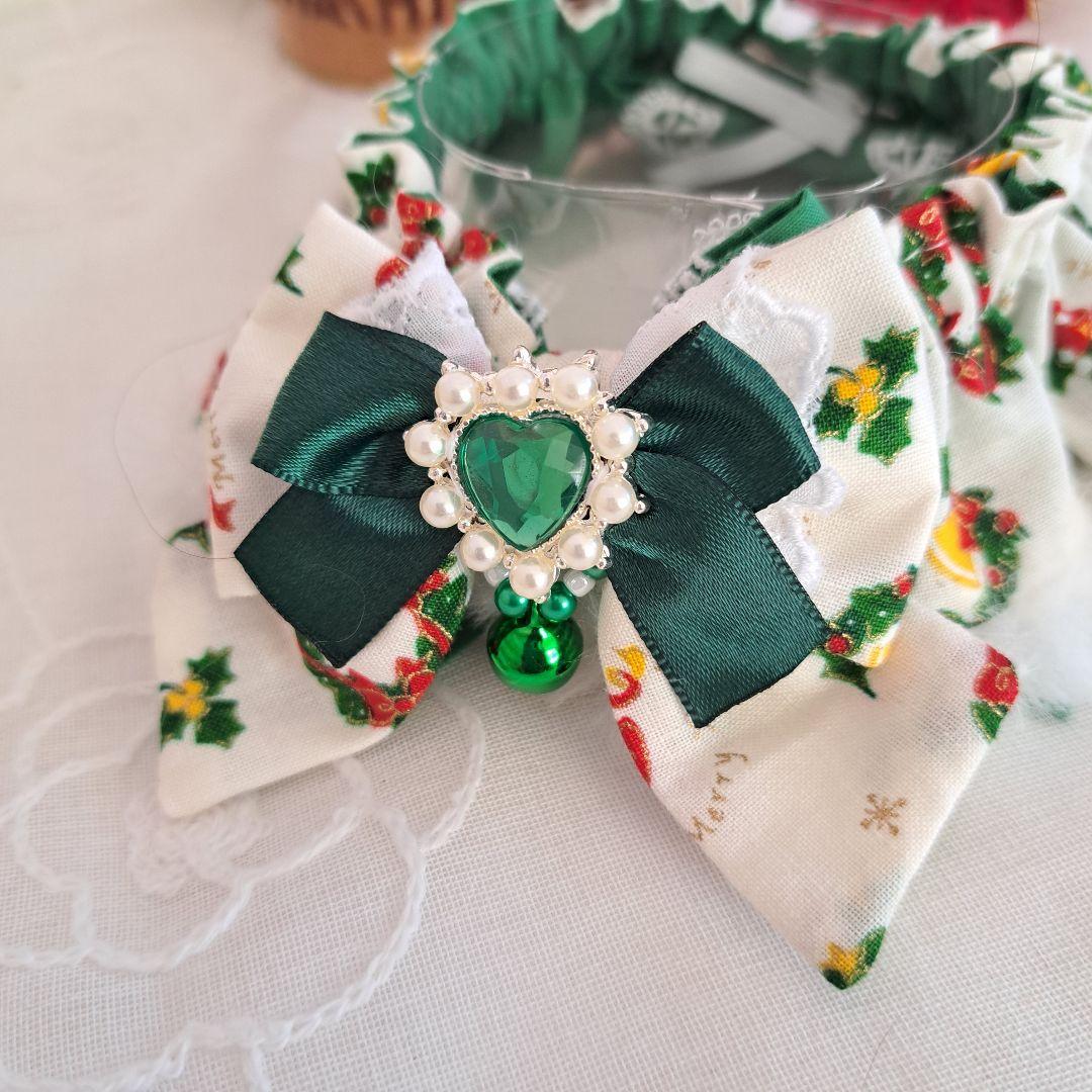 幅広クリスマスファーシュシュ(ホワイト&グリーン)わんちゃん猫ちゃん