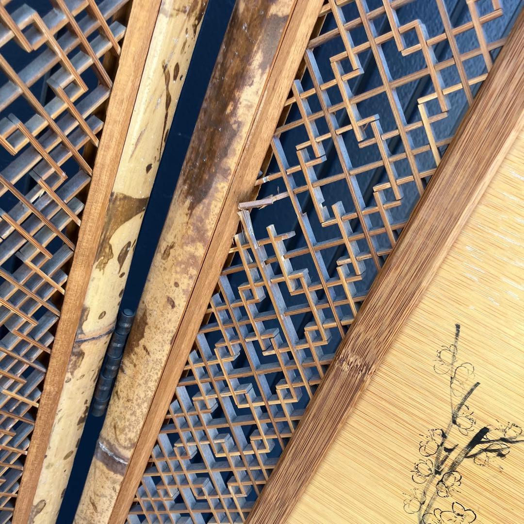 昭和レトロ 竹製格子型屏風 日本画 春夏秋冬草花 4枚 パーテーション