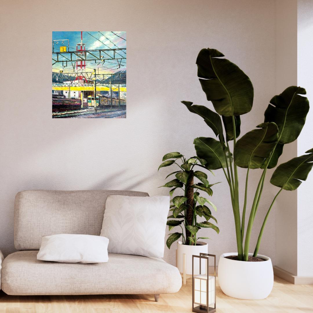 風景画「山間を走る列車」　鉄道風景 北アルプス 油彩画 印象派風 山