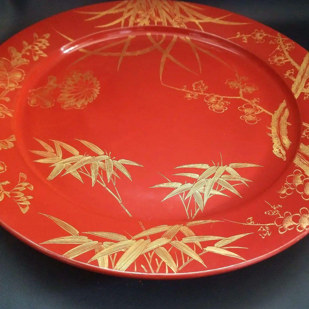 輪島塗 沈金 朱塗り 松竹梅 四季花 大皿 美術品 飾皿 約48cm1尺6寸