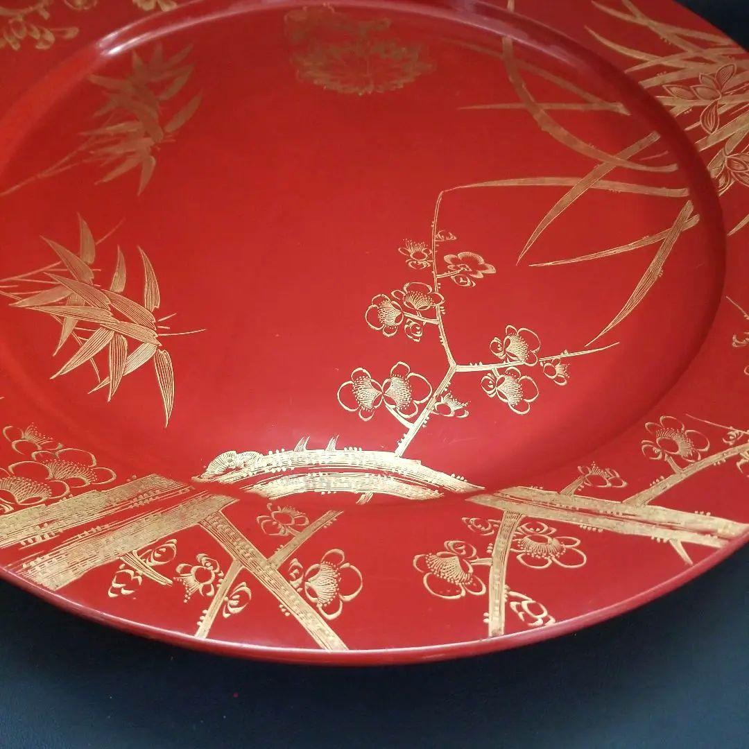 輪島塗 沈金 朱塗り 松竹梅 四季花 大皿 美術品 飾皿 約48cm1尺6寸