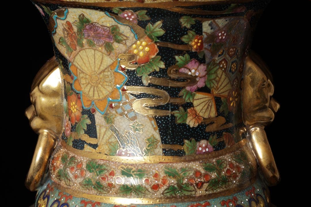 薩摩焼 金薩摩 美人図 大花瓶 高さ61.5㎝ 飾壷 耳付き 花