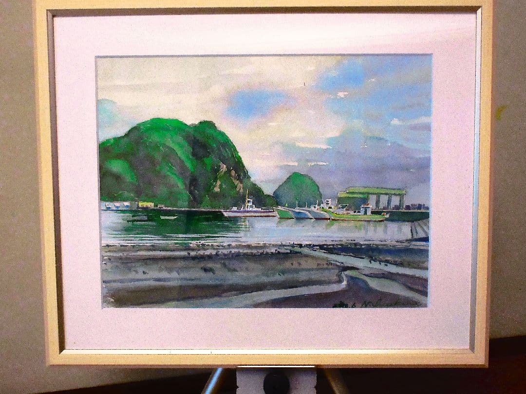 水彩画 毘沙門の海の風景 木製フレーム