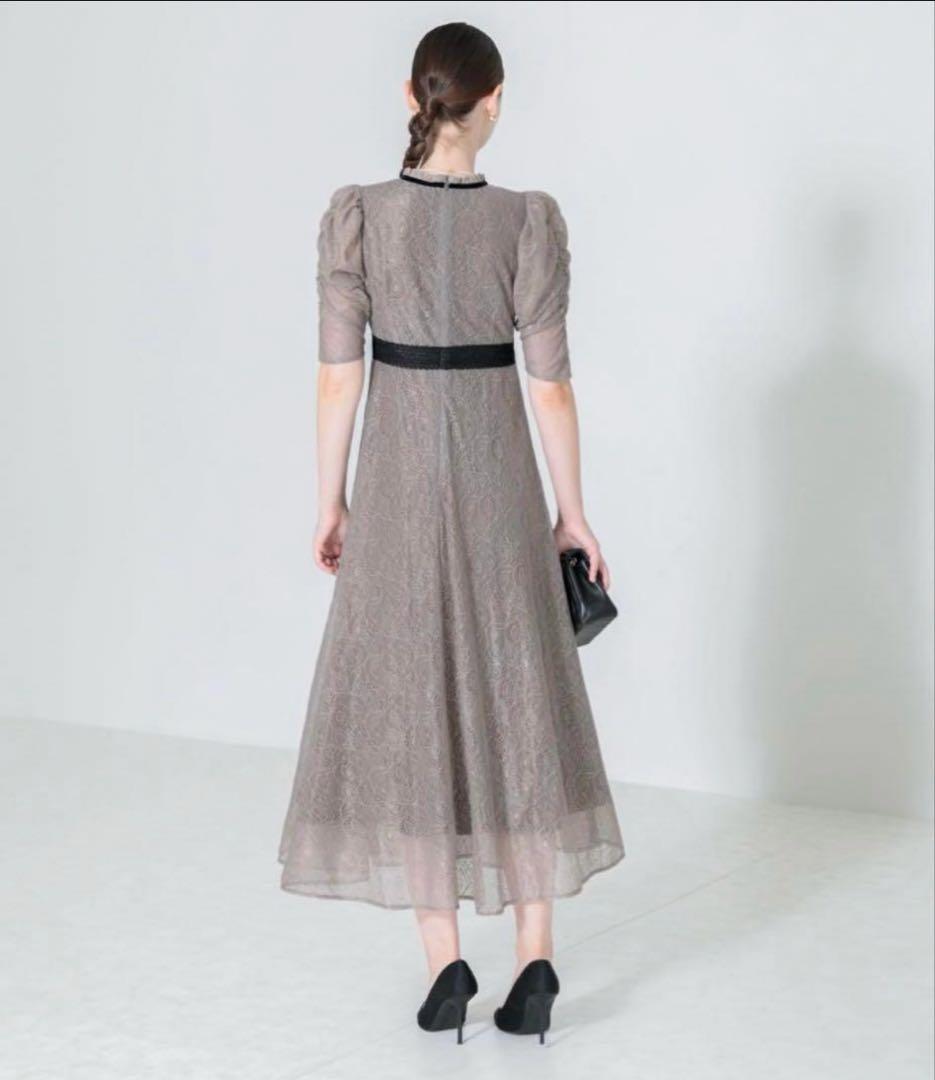 LEJA ウエストマークパフスリーブ総レースロングドレスワンピース グレー