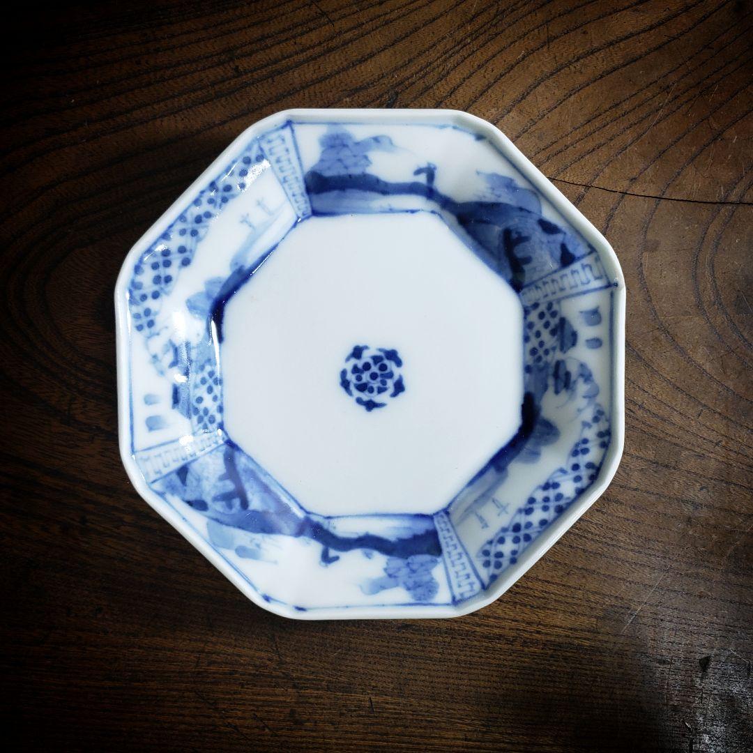 皿 八角皿 古伊万里 山水 風景 五弁花 染付 訳あり 欠け 古