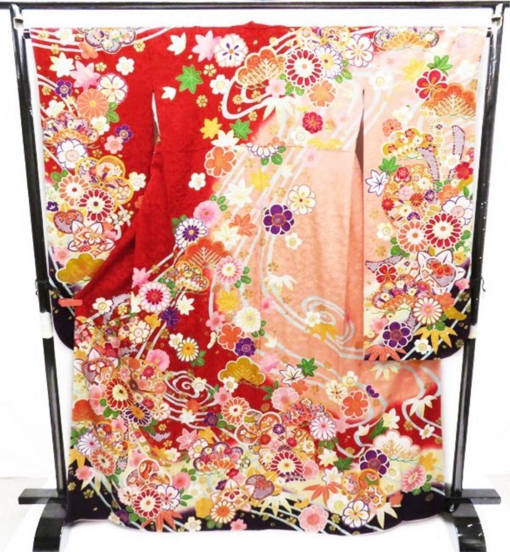 古典模様 花 金駒刺繍 正絹 振袖 着物 トールサイズ