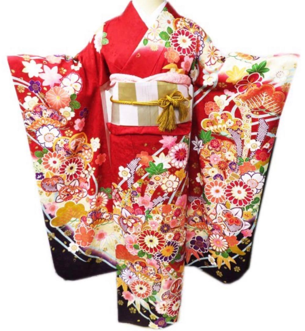 古典模様 花 金駒刺繍 正絹 振袖 着物 トールサイズ