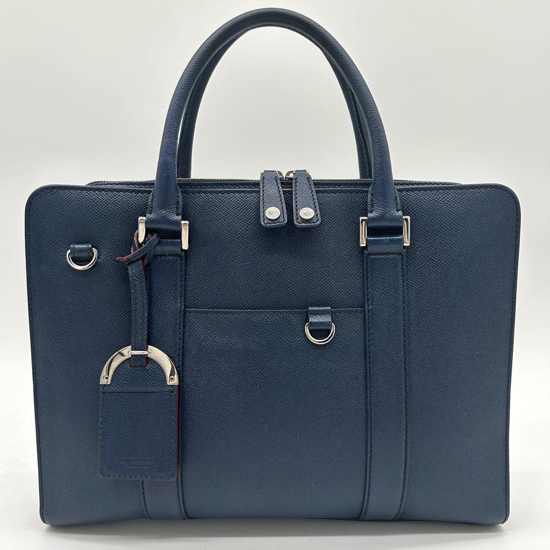 【美品】ブルガリマン ビジネスバッグ サフィアーノレザー A4収納可能 ネイビー