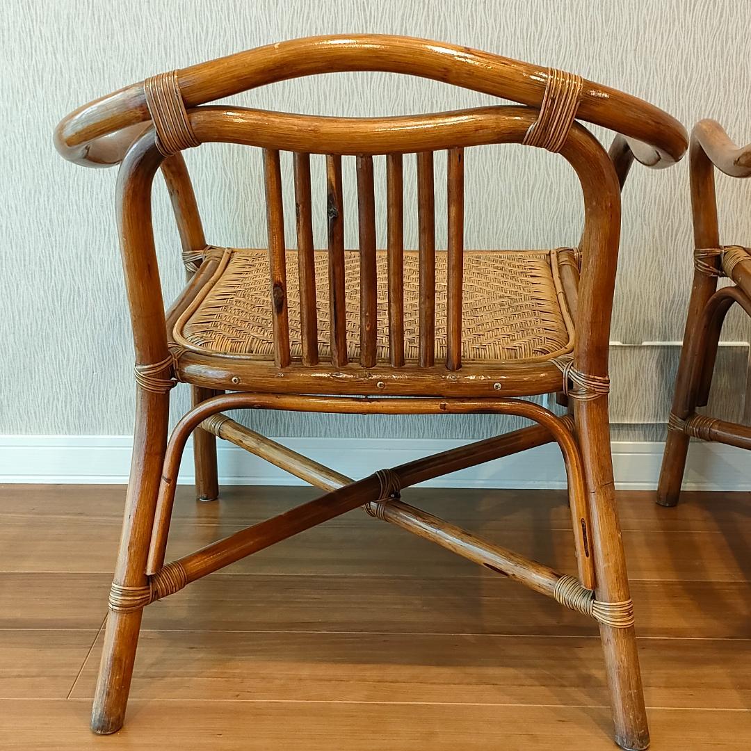 ビンテージラタン　ダイニングテーブルセット　ガラステーブル　椅子2脚付き