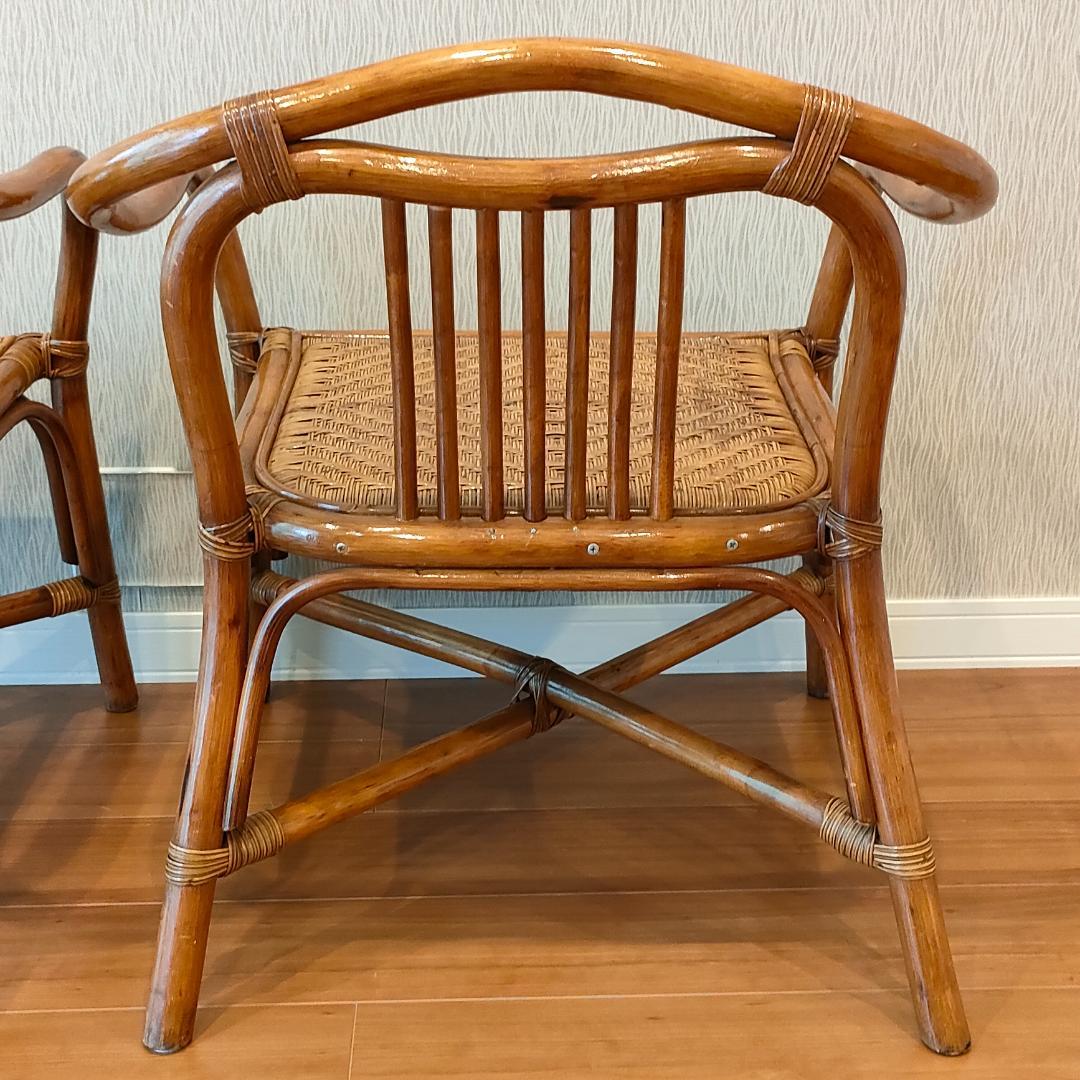 ビンテージラタン　ダイニングテーブルセット　ガラステーブル　椅子2脚付き