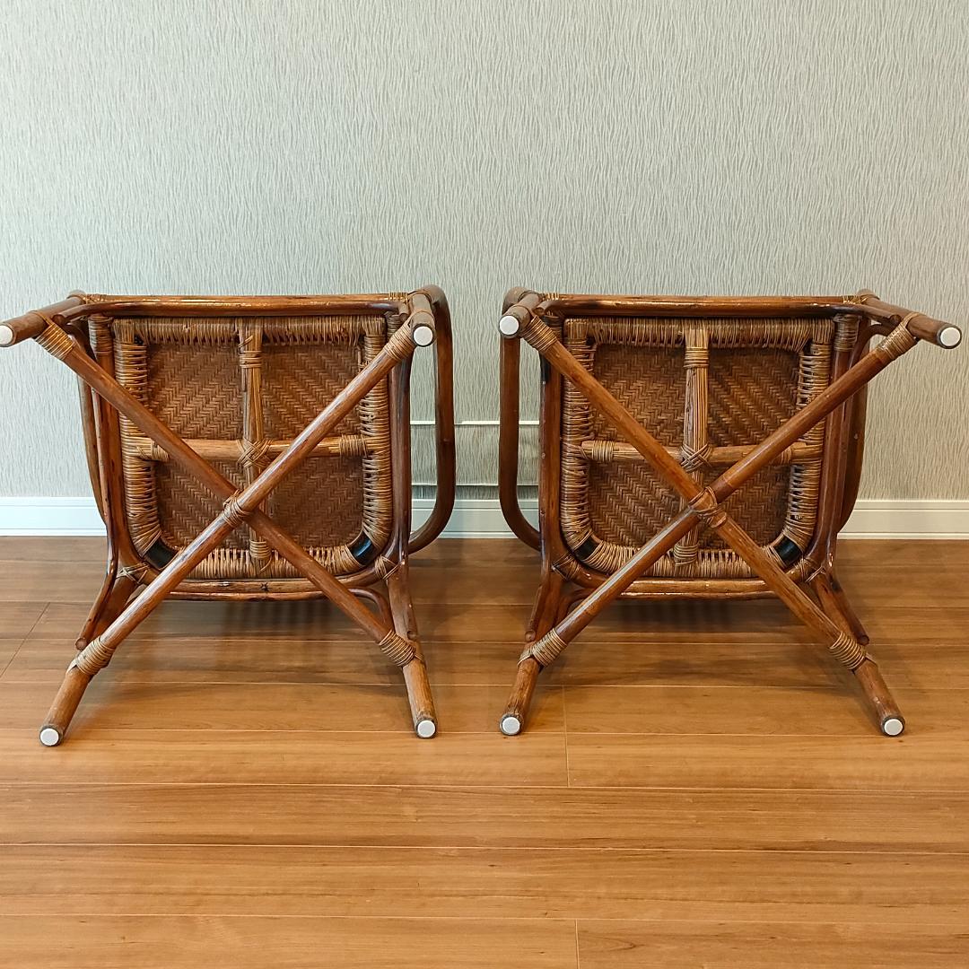 ビンテージラタン　ダイニングテーブルセット　ガラステーブル　椅子2脚付き