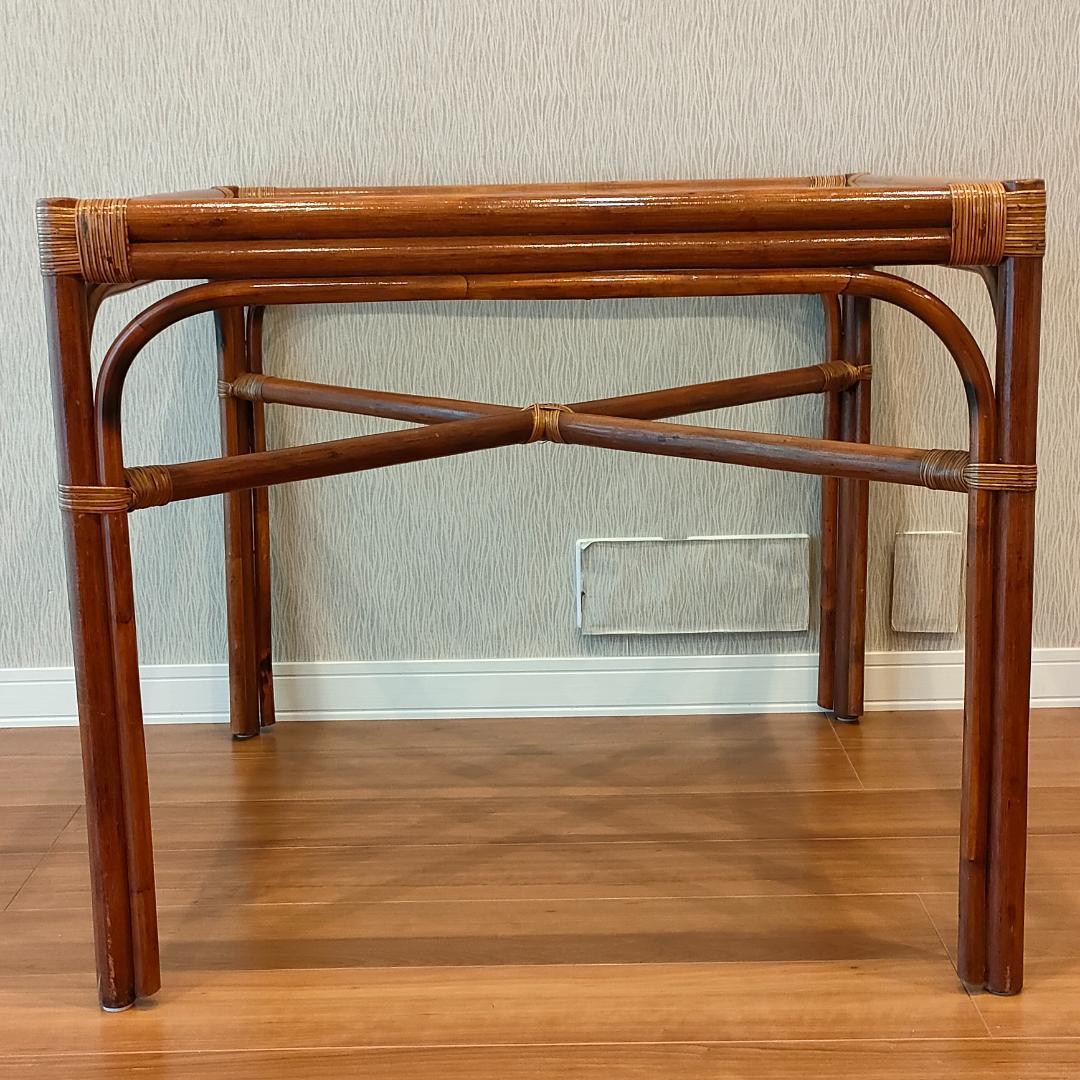 ビンテージラタン　ダイニングテーブルセット　ガラステーブル　椅子2脚付き