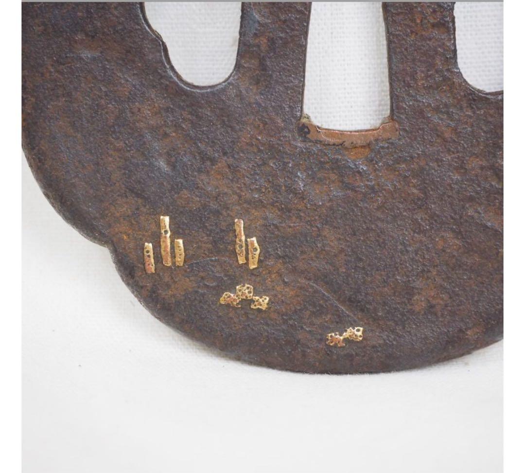 送料無料　江戸時代　無銘鐔/鍔　牛飼いの牧童図象嵌