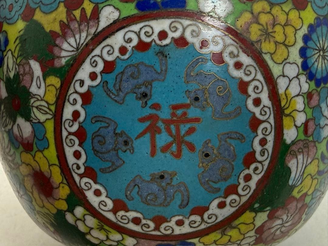 中国　民国期　七宝焼　福禄寿碗1対　景泰藍　送料込み251217